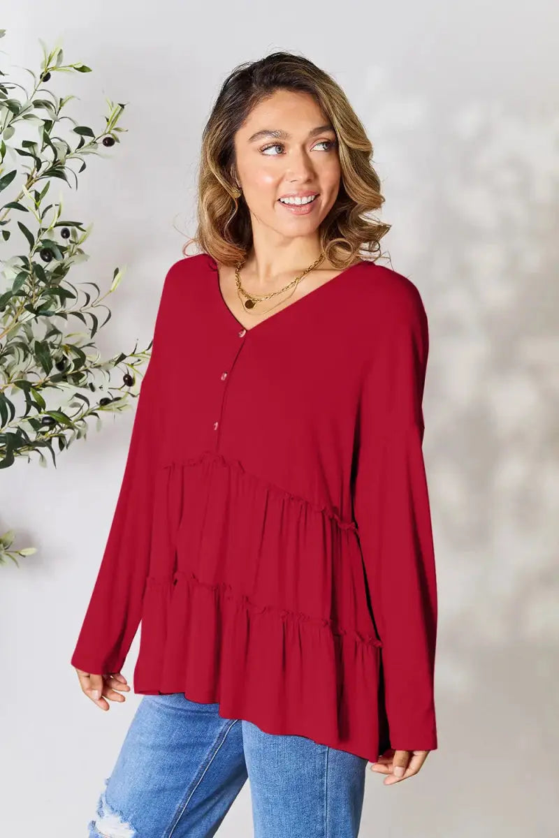 Double Take Half Button Long Sleeve Ruffle Hem Blouse - Love Salve